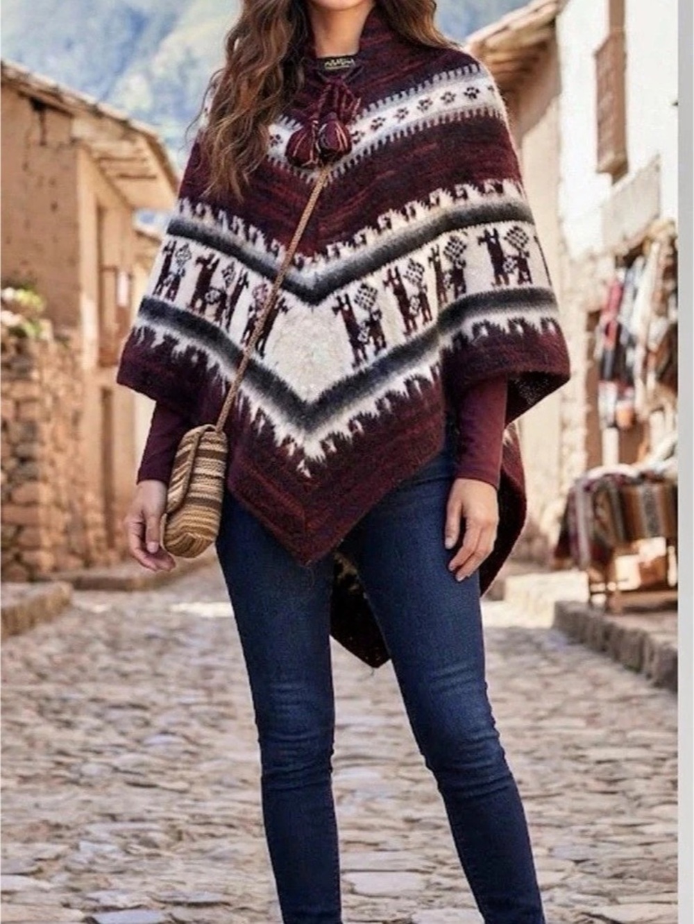 Alpaca Fiesta Patterned Alpaca Poncho in Burgundy & Cream one size